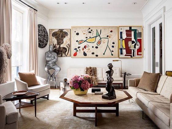 Paintings by Jean Dubuffet, Joan Miró, and Fernand Léger, plus sculptures by Jeff Koons and Henri Matisse. Decorator Russel Groves